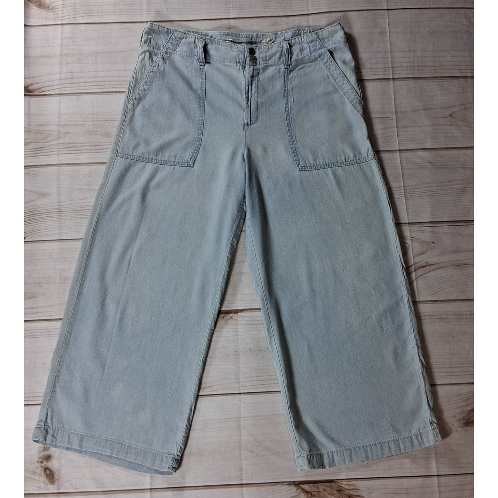 Seven7 Wide Leg Cropped Pants Womens 12 Light Chambray Denim Belted Zip